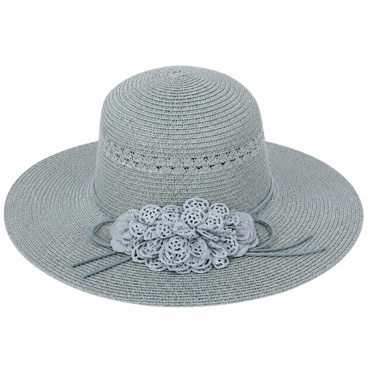 Palarie de Vara Eleganta pentru Femei, Gri Deschis cu Flori Decorative si Bor Lat