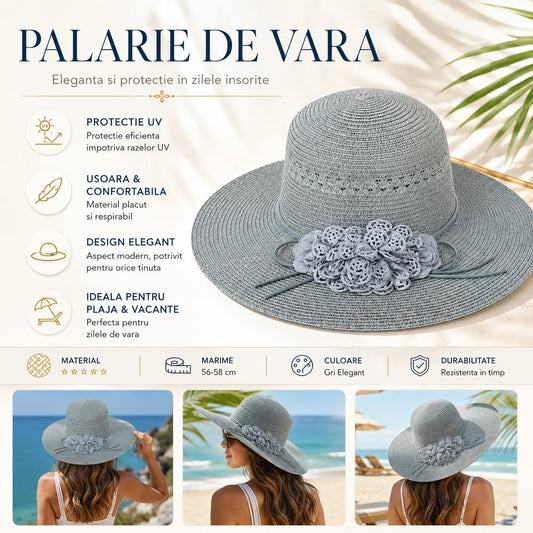 Palarie de Vara Eleganta pentru Femei, Gri Deschis cu Flori Decorative si Bor Lat