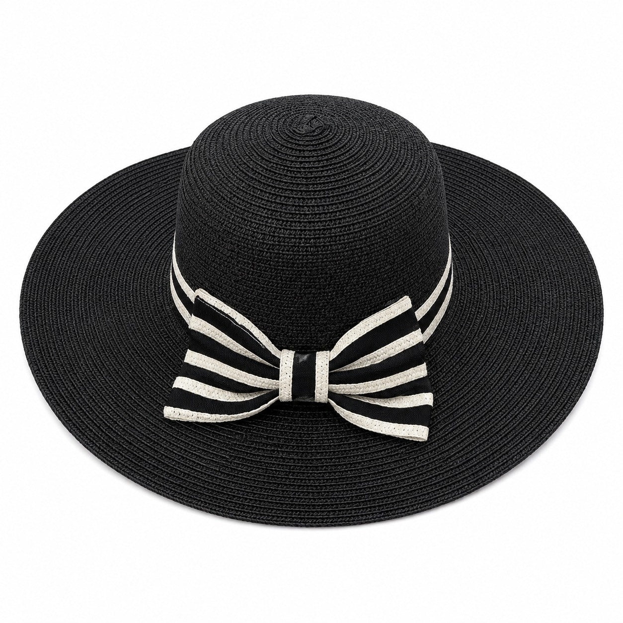 Palarie de Vara Eleganta pentru Femei, Neagra cu Fundita Contrastanta si Bor Lat