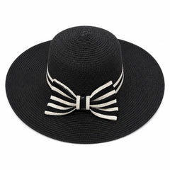 Palarie de Vara Eleganta pentru Femei, Neagra cu Fundita Contrastanta si Bor Lat