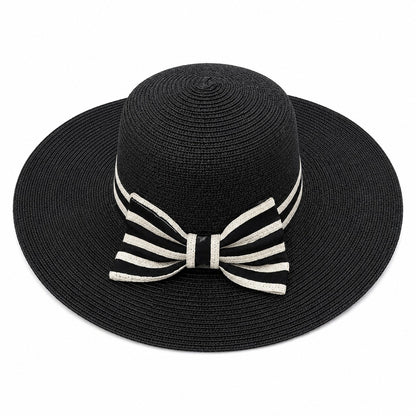 Palarie de Vara Eleganta pentru Femei, Neagra cu Fundita Contrastanta si Bor Lat