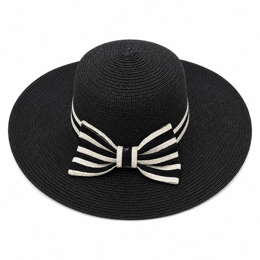 Palarie de Vara Eleganta pentru Femei, Neagra cu Fundita Contrastanta si Bor Lat
