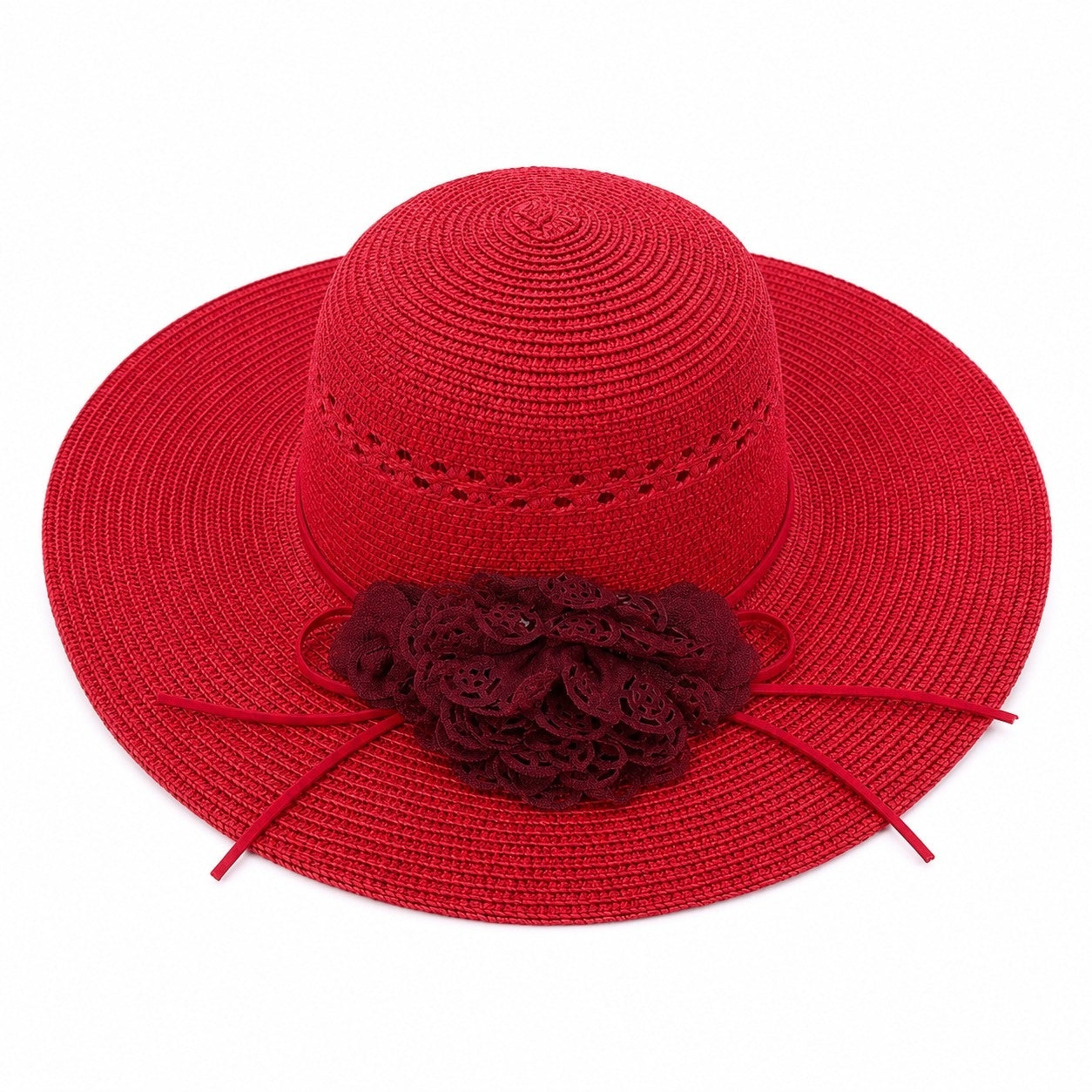 Palarie de Vara Eleganta pentru Femei, Rosie, cu Bor Lat si Detalii Florale
