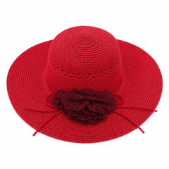 Palarie de Vara Eleganta pentru Femei, Rosie, cu Bor Lat si Detalii Florale