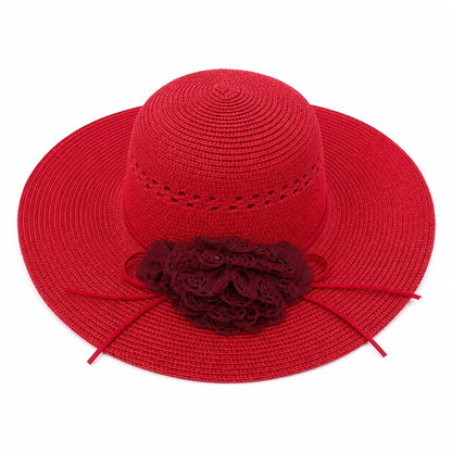 Palarie de Vara Eleganta pentru Femei, Rosie, cu Bor Lat si Detalii Florale