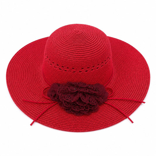 Palarie de Vara Eleganta pentru Femei, Rosie, cu Bor Lat si Detalii Florale