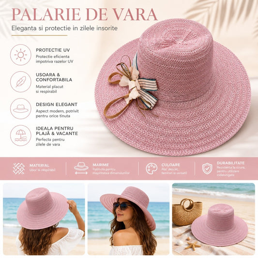 Palarie de Vara Eleganta pentru Femei, Roz Pastel cu Bor Lat si Detalii Decorative