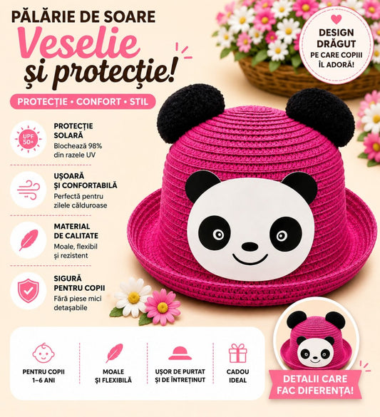 Palarie de Vara Fucsia cu Panda pentru Copii, Protectie UV si Design Vesel