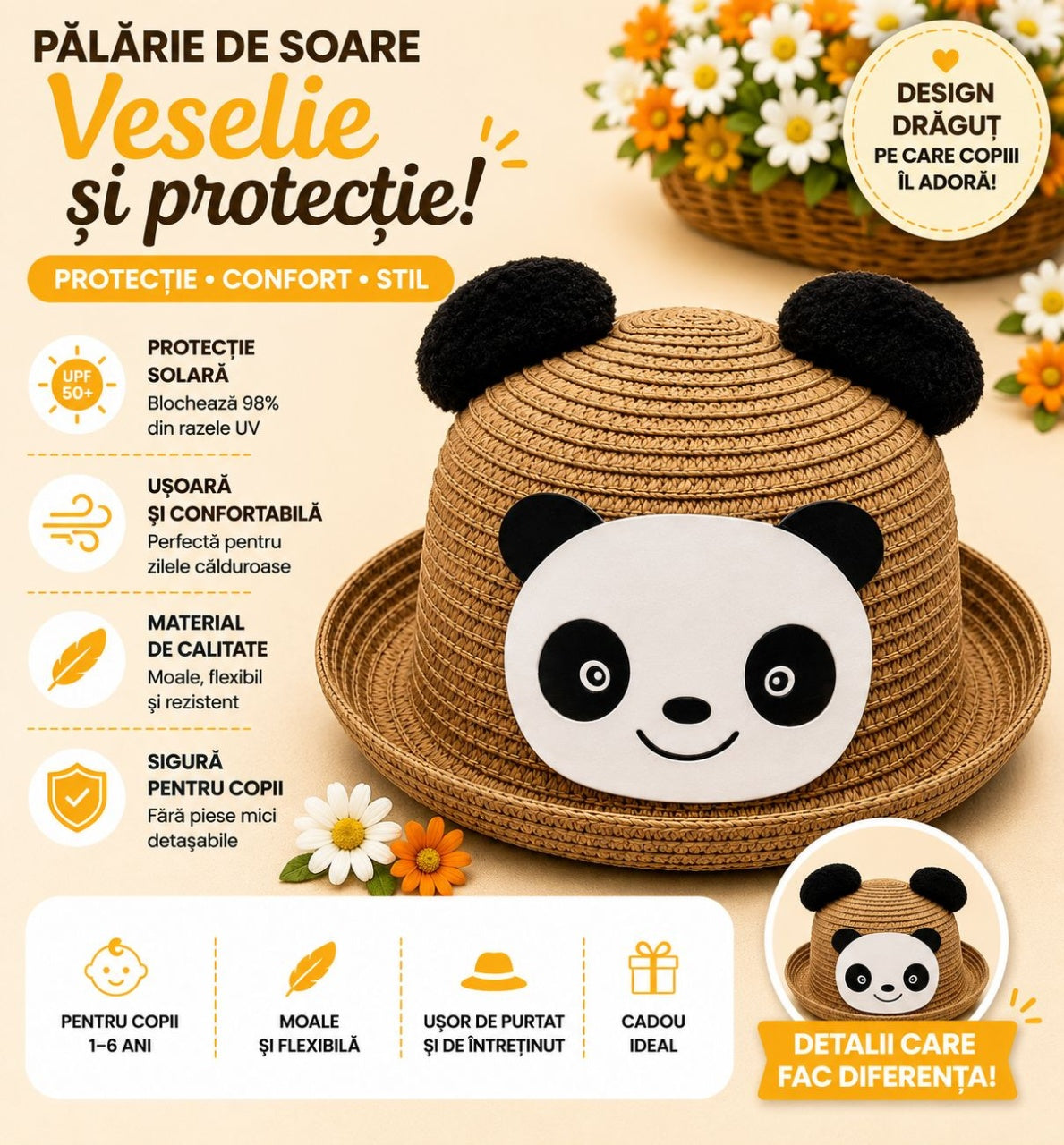 Palarie de Vara Maro Deschis cu Panda pentru Copii, Protectie UV si Design Vesel