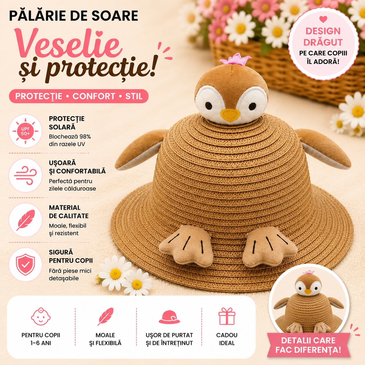 Palarie de Vara Maro pentru Copii, cu Design Pinguin si Protectie UV