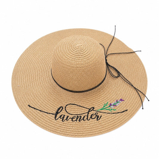Palarie de Vara pentru Femei, Bej cu Broderie Lavender si Bor Extra Lat Elegant