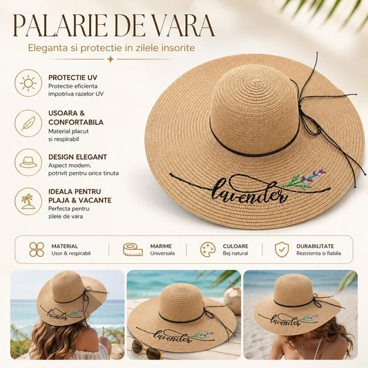 Palarie de Vara pentru Femei, Bej cu Broderie Lavender si Bor Extra Lat Elegant