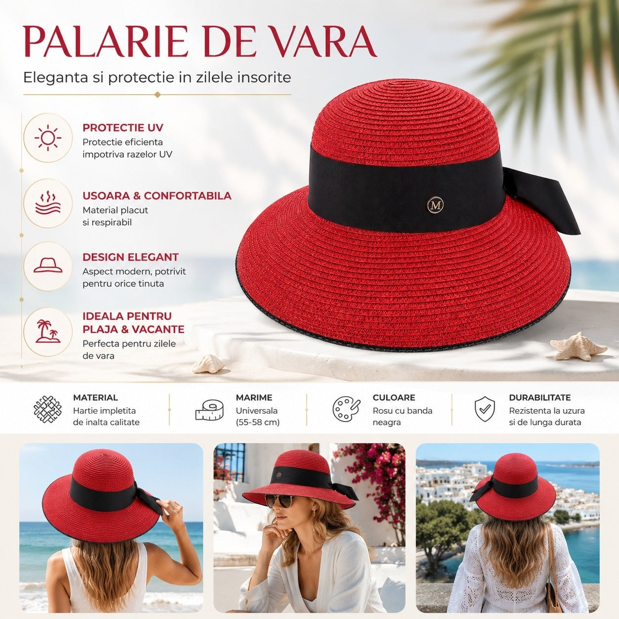 Palarie de Vara Rosie cu Banda Neagra Eleganta pentru Plaja si Tinute Chic