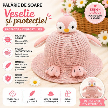 Palarie de Vara Roz pentru Copii, cu Design Pinguin si Protectie UV