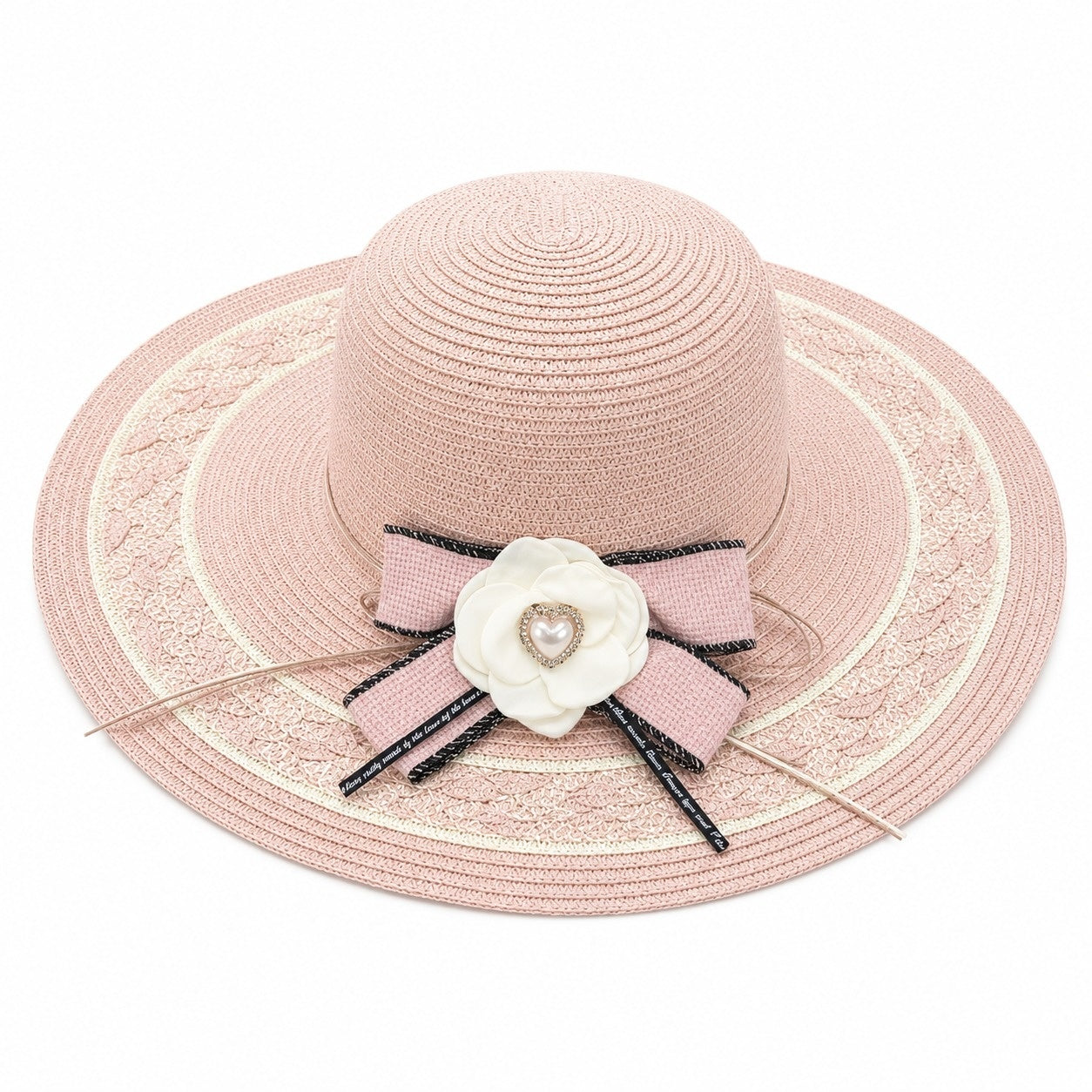 Palarie de Vara Roz pentru Femei, cu Bor Lat, Floare Eleganta si Protectie UV