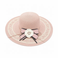 Palarie de Vara Roz pentru Femei, cu Bor Lat, Floare Eleganta si Protectie UV