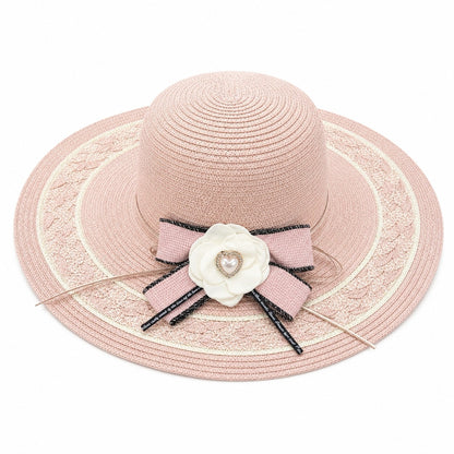 Palarie de Vara Roz pentru Femei, cu Bor Lat, Floare Eleganta si Protectie UV
