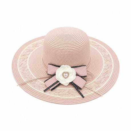 Palarie de Vara Roz pentru Femei, cu Bor Lat, Floare Eleganta si Protectie UV