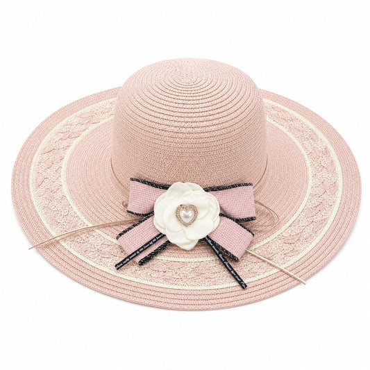 Palarie de Vara Roz pentru Femei, cu Bor Lat, Floare Eleganta si Protectie UV