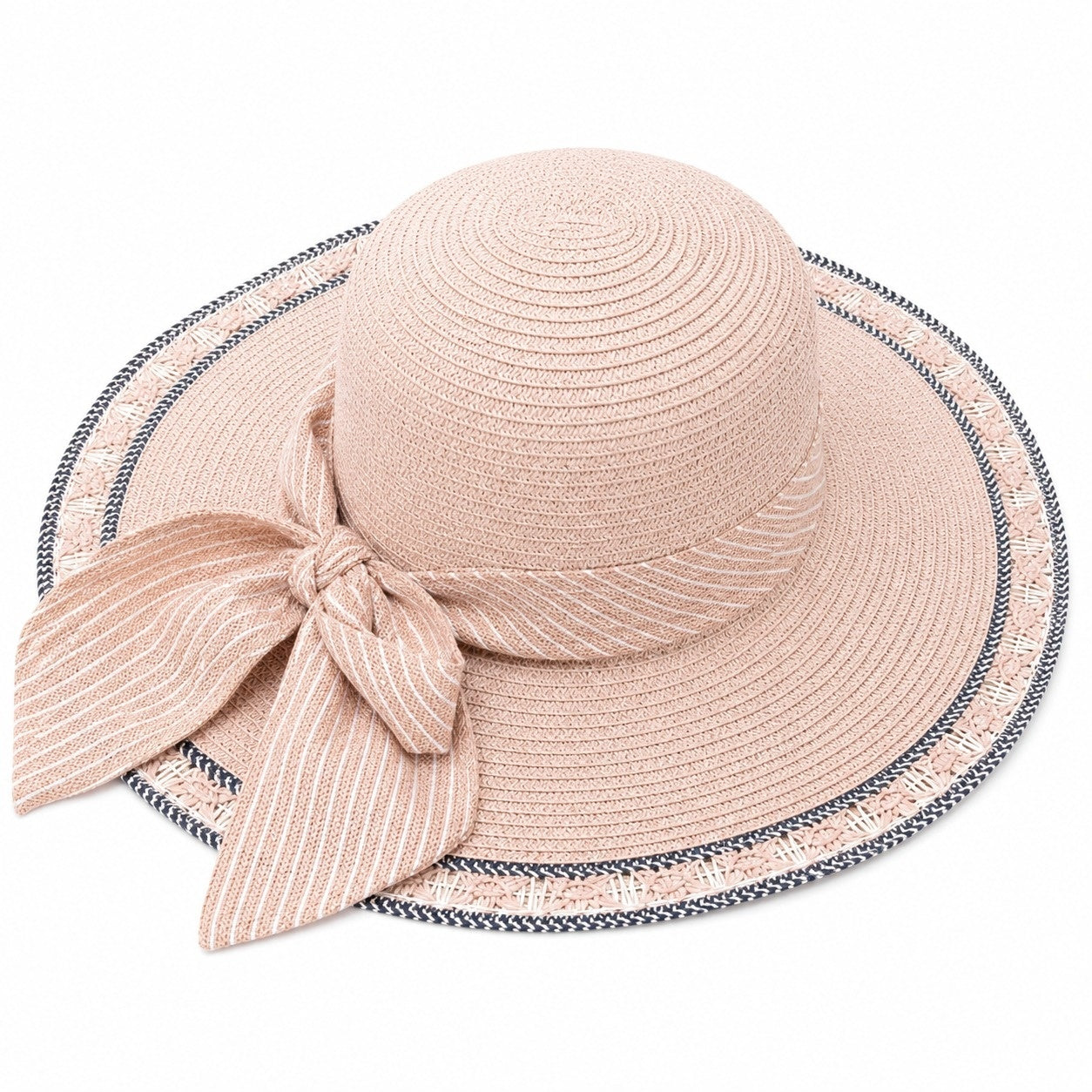 Palarie de Vara Roz Pudrat pentru Femei, cu Bor Lat si Fundita Eleganta, Protectie UV
