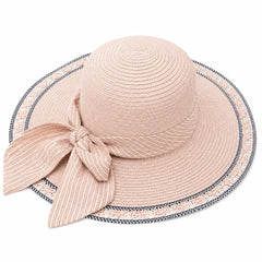 Palarie de Vara Roz Pudrat pentru Femei, cu Bor Lat si Fundita Eleganta, Protectie UV