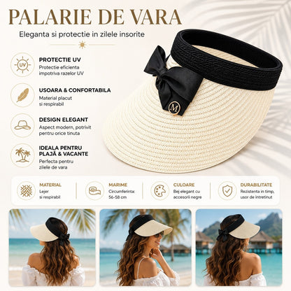 Palarie de Vara Tip Cozoroc pentru Femei, Bej cu Fundita Neagra Eleganta