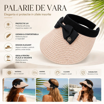 Palarie de Vara Tip Cozoroc pentru Femei, Roz Pudrat cu Fundita Neagra Eleganta