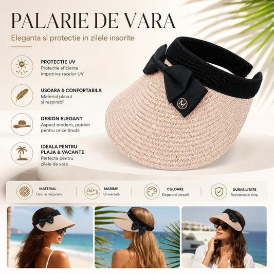 Palarie de Vara Tip Cozoroc pentru Femei, Roz Pudrat cu Fundita Neagra Eleganta