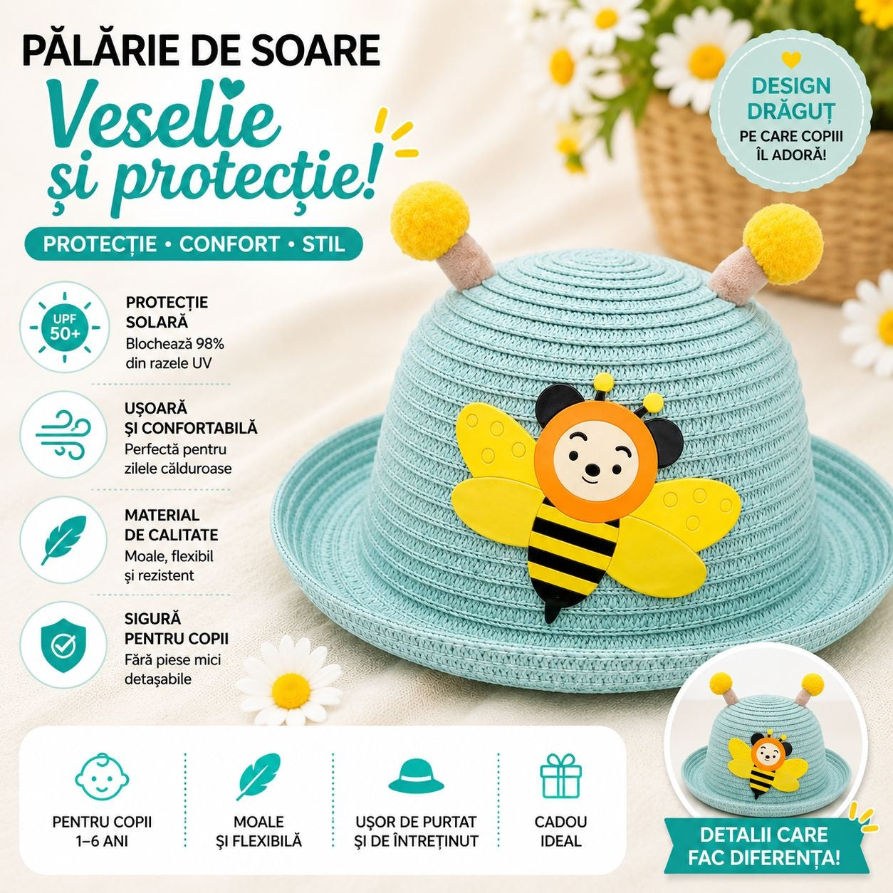 Palarie de Vara Turcoaz pentru Copii, cu Design Albina si Protectie UV