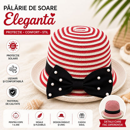 Palarie eleganta copii cu funda si perle, model rosu-alb, usoara si confortabila