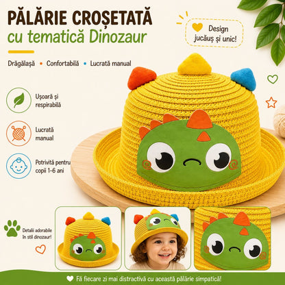 Palarie galbena copii cu dinozaur verde, crosetata manual, bumbac