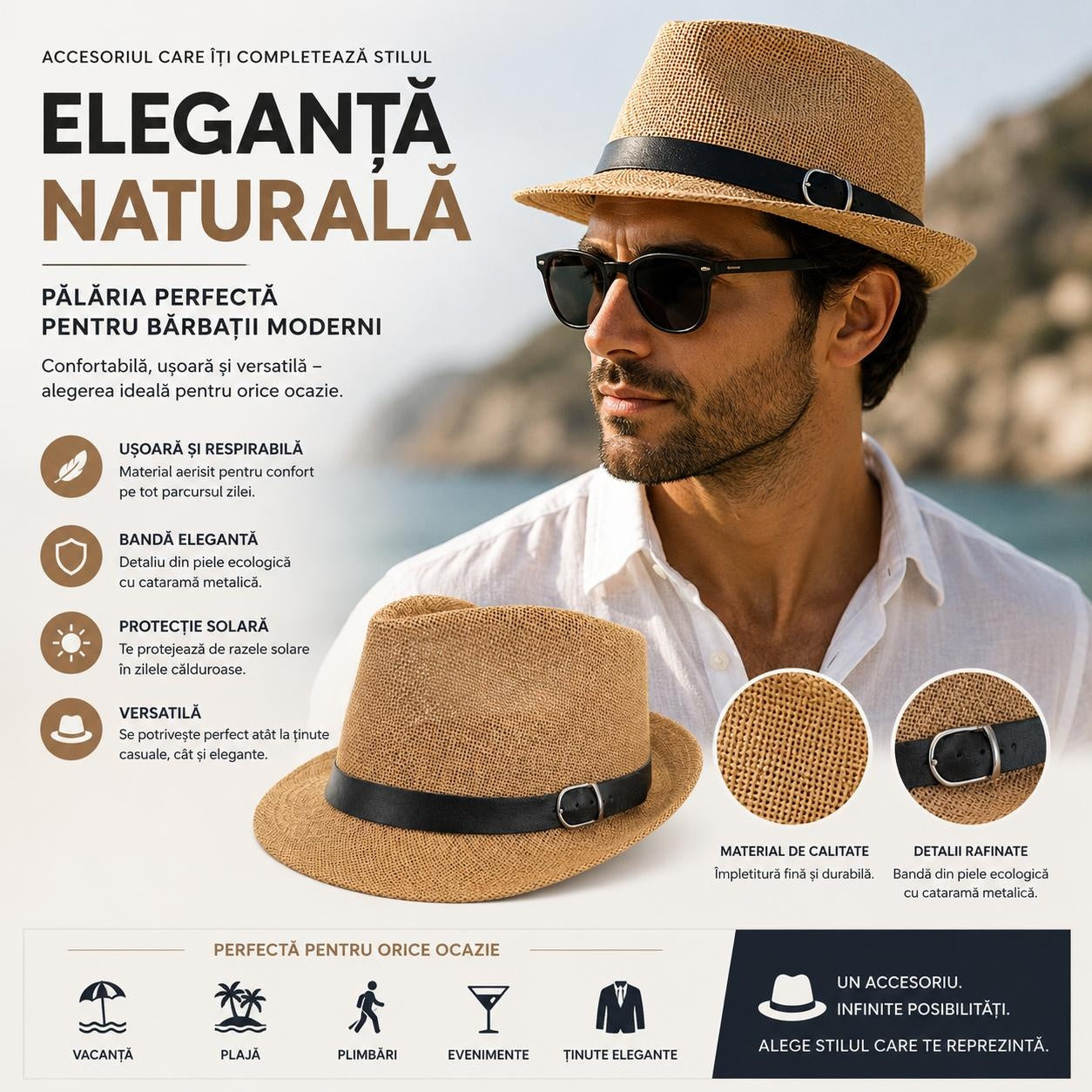 Pălărie Maro pentru Bărbați cu Bandă Neagră și Cataramă – Elegantă și Versatilă