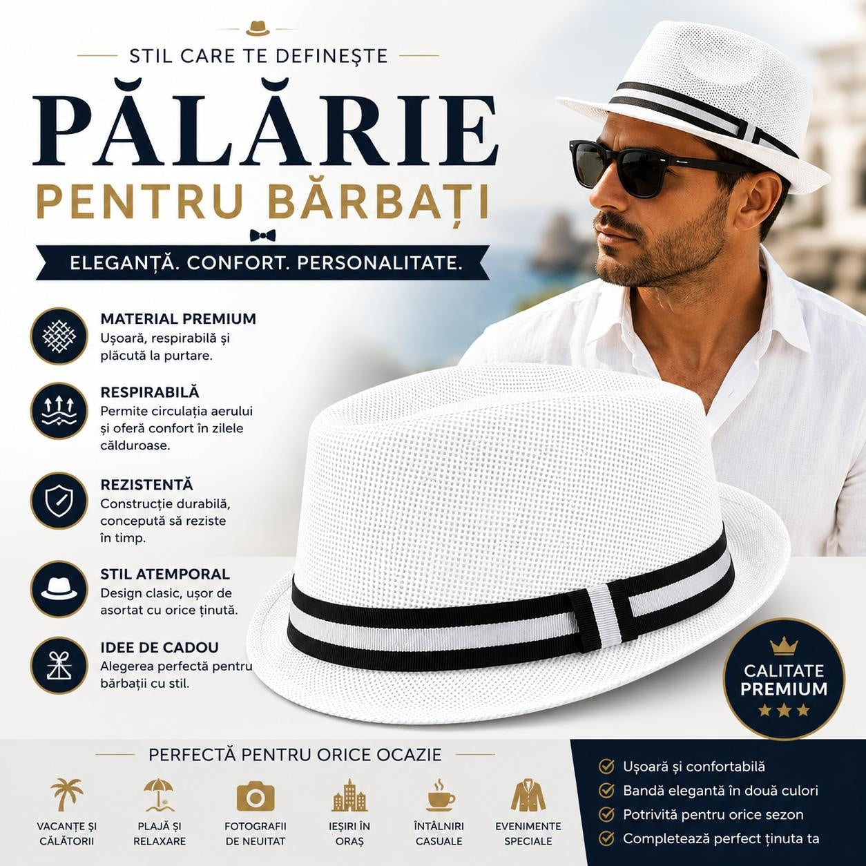 Pălărie Panama Albă pentru Bărbați - Elegantă, Ușoară și Respirabilă pentru Vară