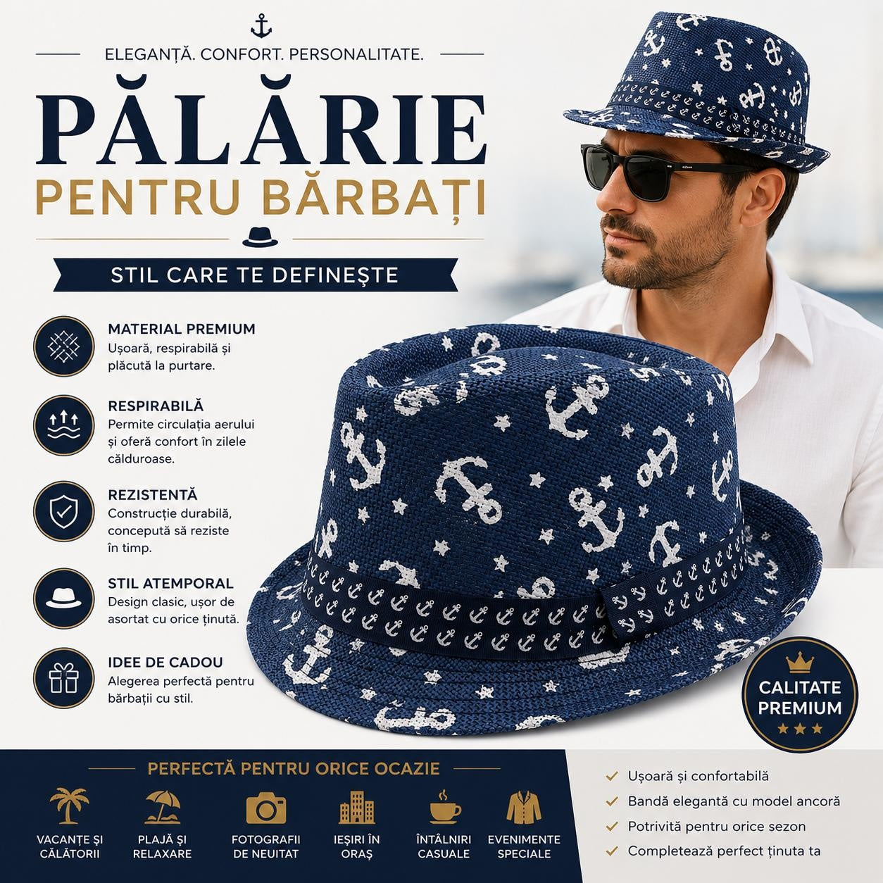 Pălărie Panama Albastră pentru Bărbați - Model Marinăresc cu Ancore și Design Modern