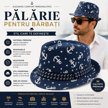 Pălărie Panama Albastră pentru Bărbați - Model Marinăresc cu Ancore și Design Modern