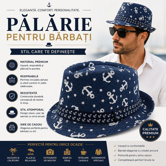 Pălărie Panama Albastră pentru Bărbați - Model Marinăresc cu Ancore și Design Modern