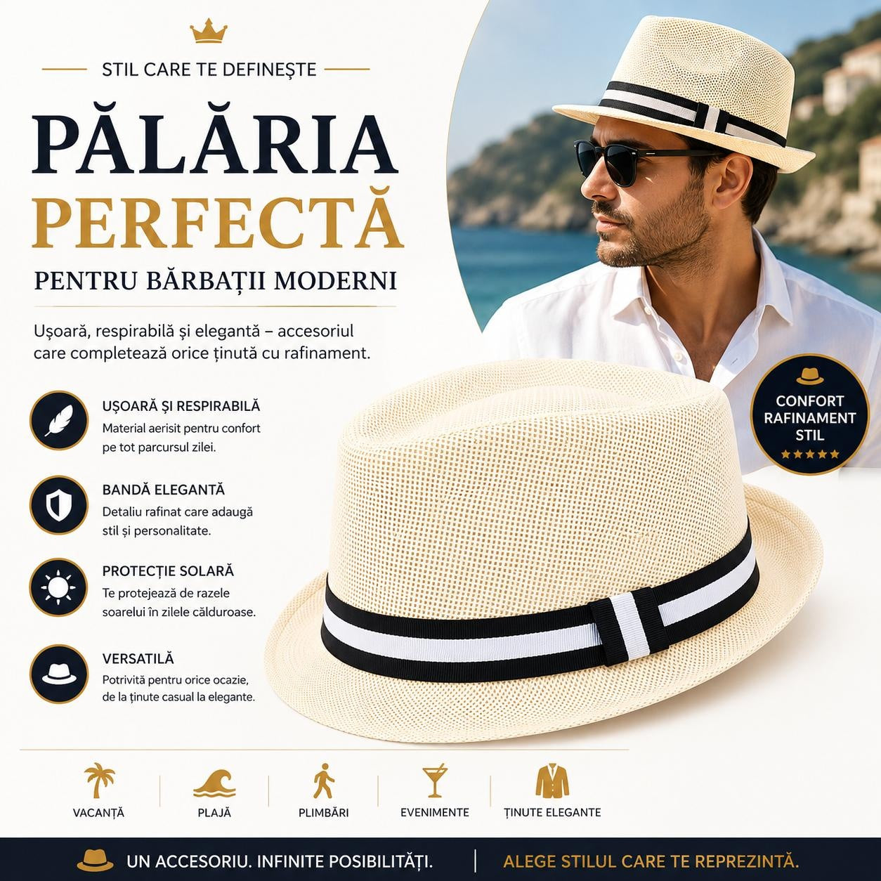 Pălărie Panama Bărbați Alb-Crem - Elegantă, Respirabilă și Ușoară pentru Vară