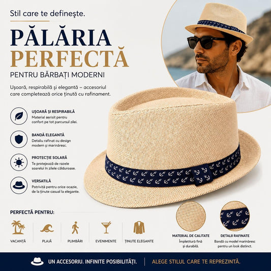 Pălărie Panama Bej pentru Bărbați cu Bandă Bleumarin Model Ancoră – Elegantă și Respirabilă