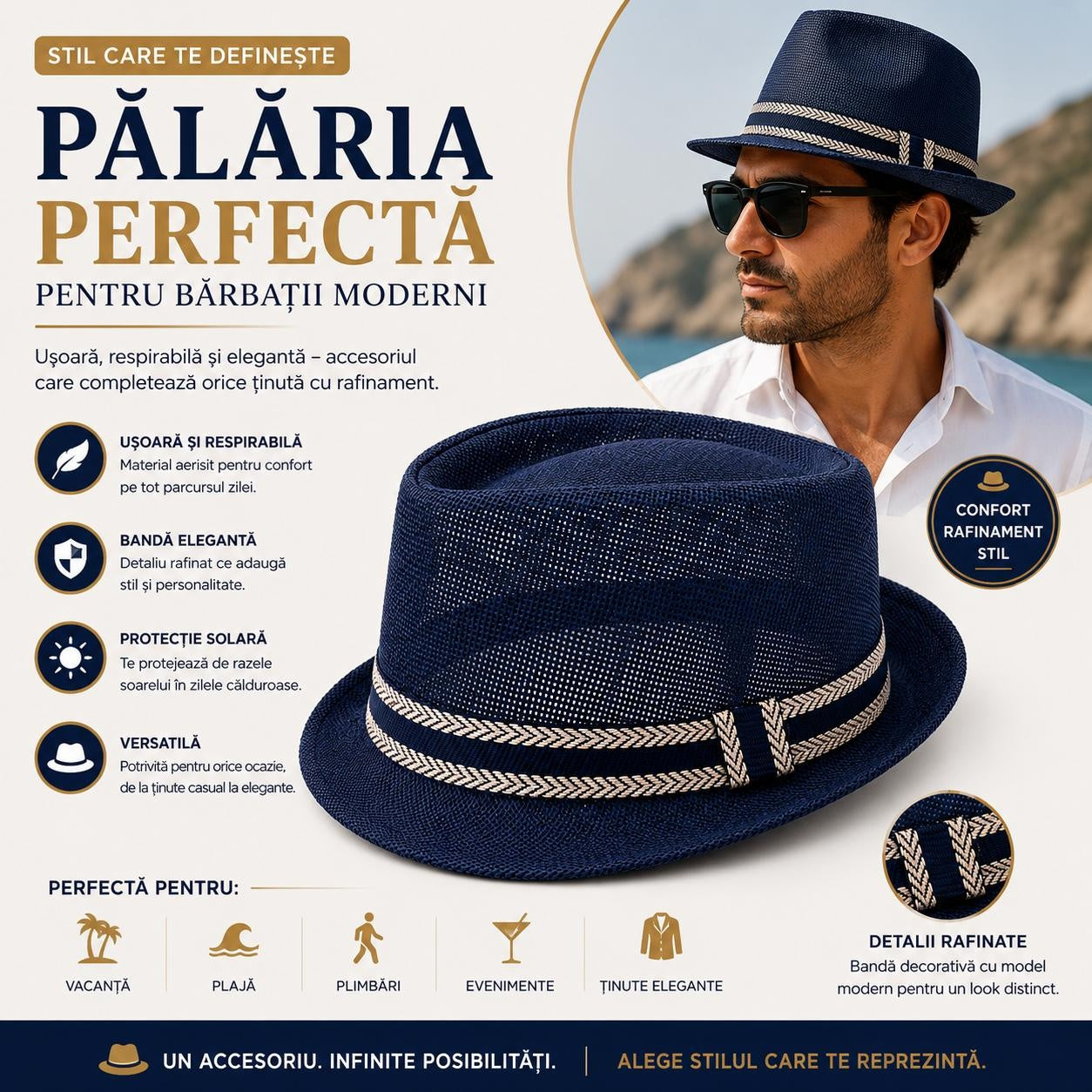 Pălărie Panama Bleumarin pentru Bărbați - Elegantă, Respirabilă și Modernă pentru Vară