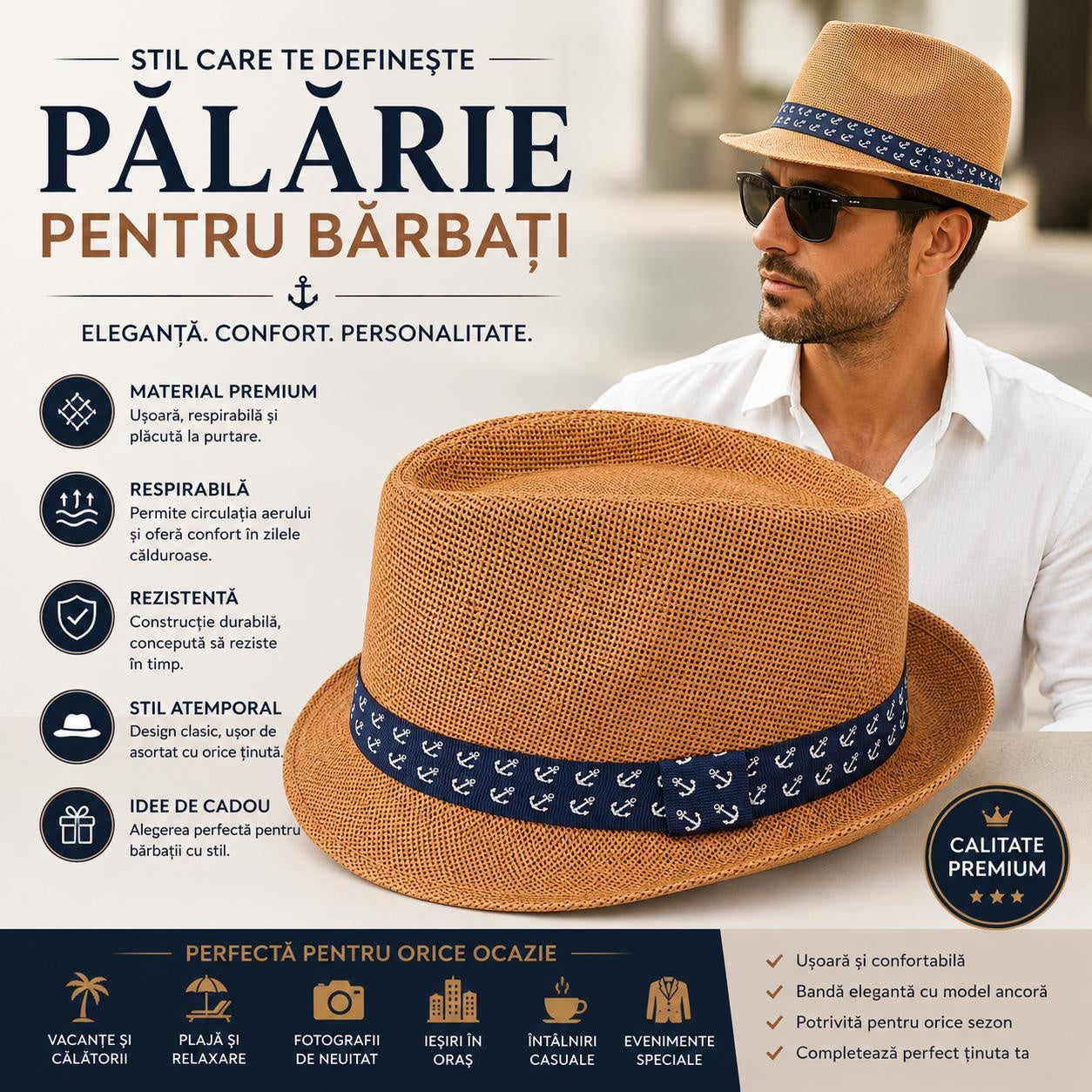 Pălărie Panama Maro pentru Bărbați cu Model Ancoră – Elegantă, Respirabilă și Modernă