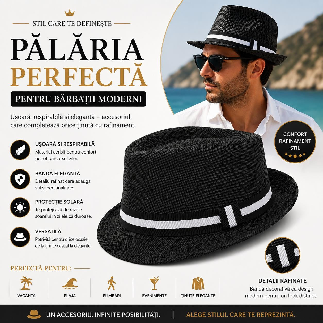 Pălărie Panama Neagră pentru Bărbați - Elegantă, Respirabilă și Modernă pentru Vară