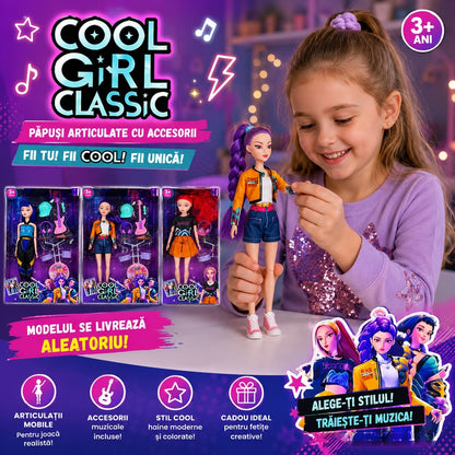 Păpușă Articulată Cool Girl Classic cu Accesorii Muzicale, Model Aleatoriu, pentru Copii 3+ Ani