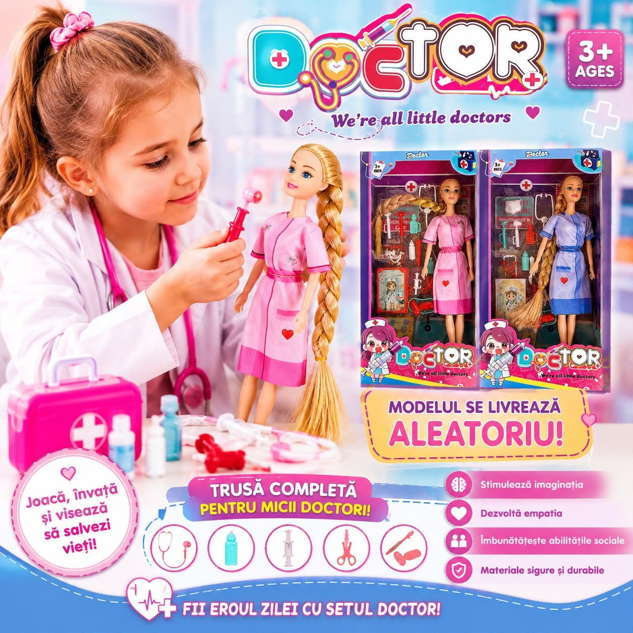 Păpușă Asistentă Medicală cu Trusă Doctor și Accesorii, Păr Lung, 3+ Ani – Model Aleatoriu