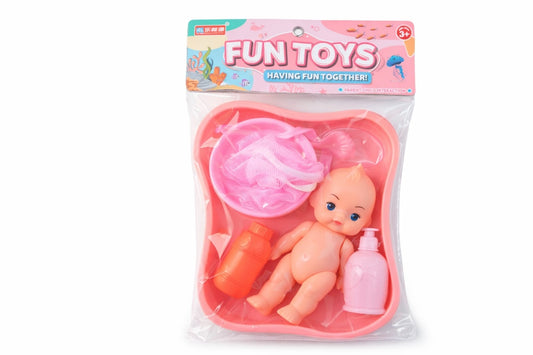 Papusa bebe cu cadita si accesorii baie roz, set jucarie copii