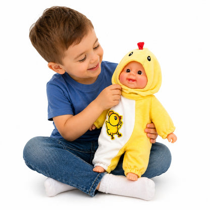 Papusa bebelus 35cm care rade, costum galben pui, jucarie copii
