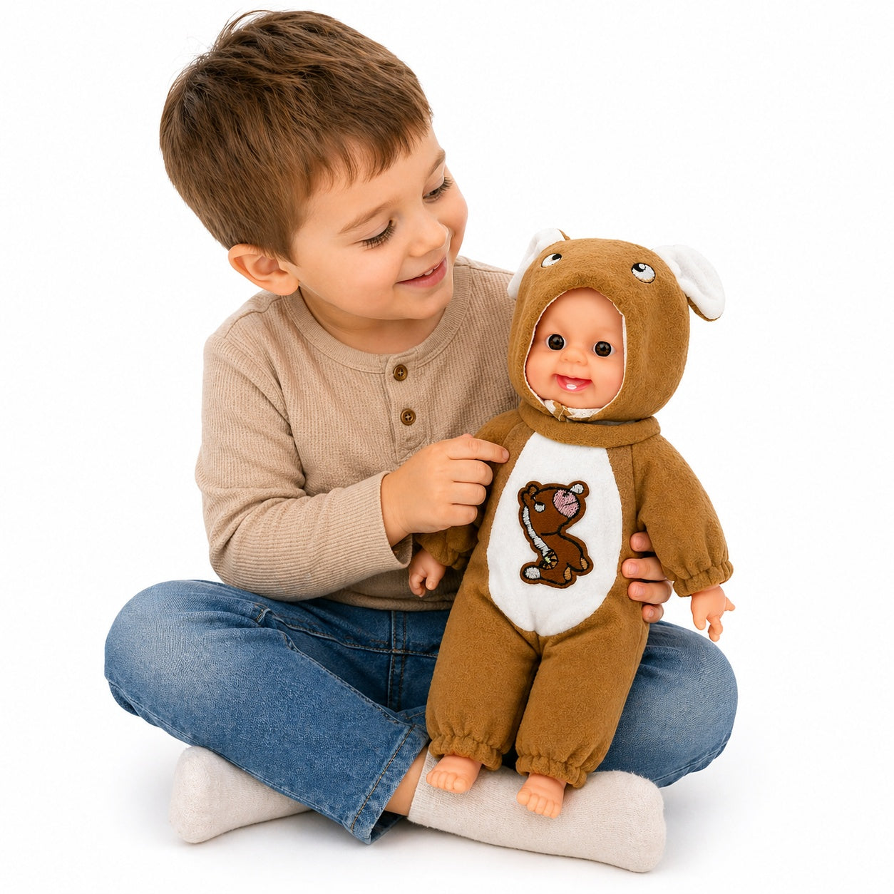 Papusa bebelus 35cm care rade, costum maro cu gluga, jucarie copii