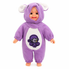 Papusa bebelus 35cm care rade, costum mov cu gluga, jucarie copii