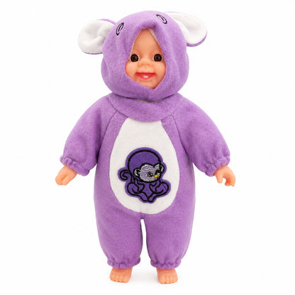 Papusa bebelus 35cm care rade, costum mov cu gluga, jucarie copii