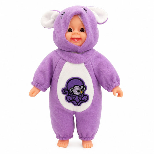 Papusa bebelus 35cm care rade, costum mov cu gluga, jucarie copii