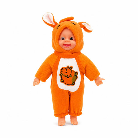 Papusa bebelus 35cm care rade, costum portocaliu cu gluga, jucarie copii